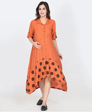 CHARISMOMIC Three Fourth Sleeves Polka Dots Printed Button Down Collared Maternity Dress With Nursing Access - Orange