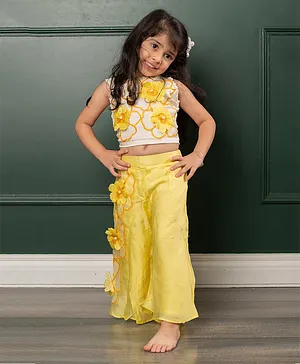 Kirti Agarwal Pret N Couture Flower Embroidered Off White Top With Yellow Pants Having Flower Embroidery For Girls - Offwhite And Yellow