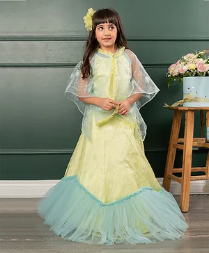 Kirti Agarwal Pret N Couture Frilled Cape With Heavy Embroidered Crop Top And Lahenga For Girls - Florescent Green ,Turquoise Blue