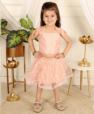 Kirti Agarwal Pret N Couture Flower Embroidered Crop Top With  Peach Embroidered Net Skirt For Girls - Peach