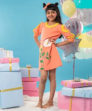 Kirti Agarwal Pret N Couture Flower Embroidered Orange Frock With Yellow Pleats On Top For Girls - Orange