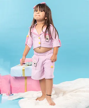 Kirti Agarwal Pret N Couture Collared Crop Top With Skorts And Cupcakes Embroidery For Girls - Lilac