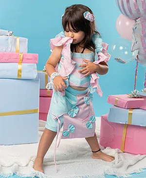 Kirti Agarwal Pret N Couture Patch Work Ruffle Sleeve Top With Skorts For Girls - Blue And Pink