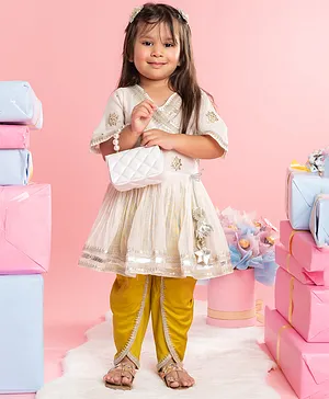 Kirti Agarwal Pret N Couture Lace Work And Pleated Kurti With Yellow Dhoti For Girls - Golden Yellow And Off White