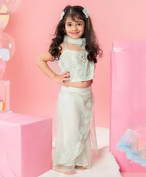 Kirti Agarwal Pret N Couture Flower Embroidered  Sea Green Crop Top With Layered Palazzo For Girls - Sea Green