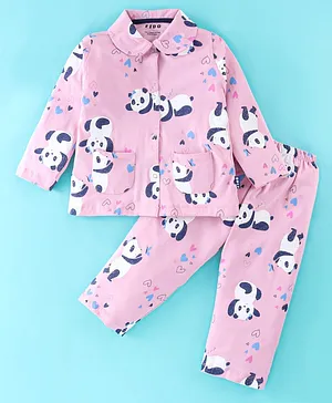 Fido Cotton Jersey Full Sleeves Panda Printed Night Suit - Pink