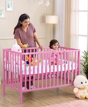 Babyhug Visby Wooden Cot with 3 Level Height Adjustment & Plug and Play Assembly  Pink| Solid Pinewood| Attach to Parents Bed