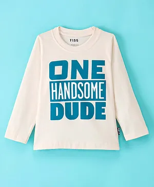Fido Cotton Jersey Full Sleeves T-Shirt with Text Printed - Cream