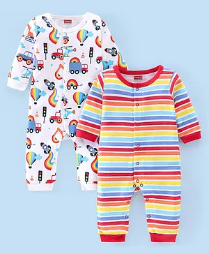 Babyhug 100% Cotton Striped Rompers Trucks Print Pack of 2 - Multicolour
