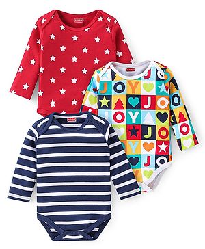 Babyhug 100% Cotton Knit Full Sleeves Stars Print Onesie Pack of 3 - Multicolour
