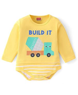Babyhug 100% Cotton Knit Full Sleeves Onesie Truck Print - Yellow