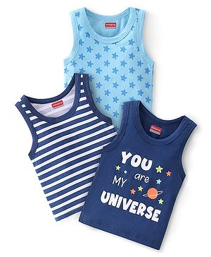 Babyhug 100% Cotton Knit Sleeveless Sando Stars Print Pack of 3 - Blue