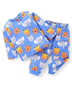 Babyhug Cotton Knit Full Sleeves Elephant Print Night Suit - Blue