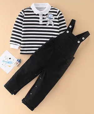 Kookie Kids Dungaree and Full Sleeves Striped T-Shirt With Applique Detailing - Black & White