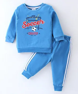 Simply Interlock Full Sleeves T-Shirt & Lounge Pant Set Soccer Print - Blue