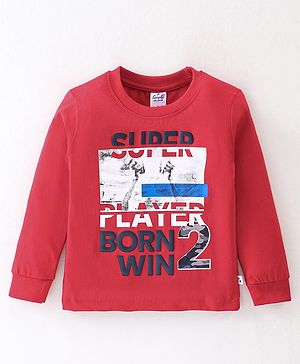 Simply Cotton Sinker Knit Full Sleeves T-Shirt Text Print - Red