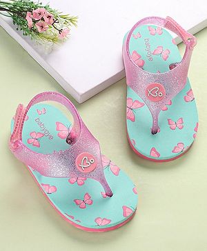 Babyoye Slip On Flip Flops with Back Strap Velcro Closure & Floral Print - Blue & Pink