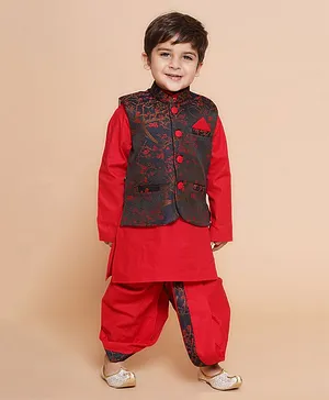 AJ Dezines Full Sleeves Solid Kurta & Dhoti With Floral Woven Self Designed Jacket - Red