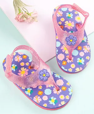 Babyoye Floral Printed & Applique Velcro Closure Flip Flops - Pink & Blue
