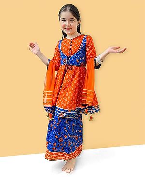 Naughty Ninos Three Fourth Sleeves Floral Printed & Gotta Patti Embellished Kurta With Sharara & Dupatta - Orange & Blue