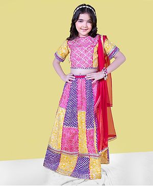 Naughty Ninos Half Sleeves Floral & Leheriya Designed With Gota Lace Embellished Printed Ready To Wear Lehenga Choli Set  - Pink Purple & Yellow