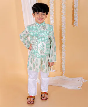 The Mom Store Full Sleeves Leaves Motif Printed Kurta & Pyjama  With Seamless  Floral Motif  Jacket Set  - Blue