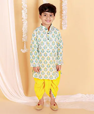The Mom Store Full Sleeves Jaipuri Floral Motif Printed & Gota Lace Embellished Kurta With Coordinating  Dhoti Set - Yellow