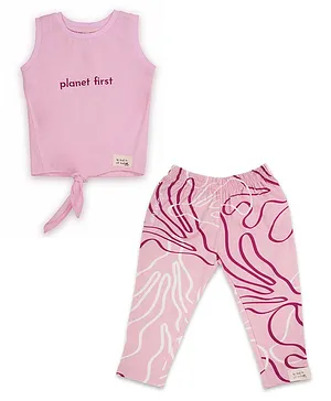 Miko Lolo Sleeveless Planet First Text Embroidered Front Tie Up Top With Abstract Printed Leggings - Pink