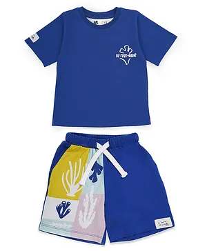 Miko Lolo Half Sleeves Unisex Be Reefliable Text Printed Tee With Placement Plant Printed Shorts - Blue