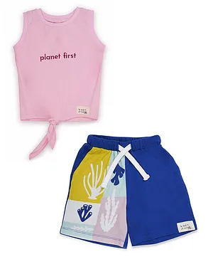 Miko Lolo Half Sleeves Planet First Text Embroidered Top With Plant Printed Shorts - Pink & Blue