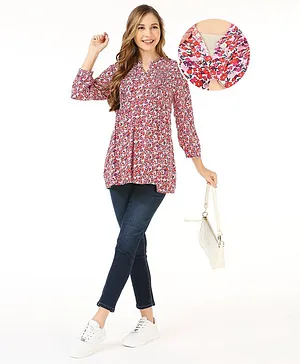 Bella Mama Viscose Woven Three Fourth Sleeves Maternity Top with Pocket & Floral Print - Pink
