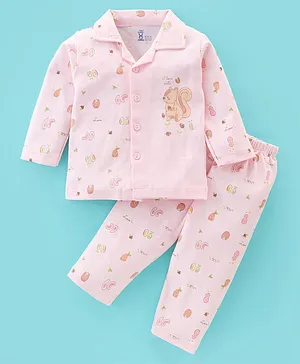 Pink Rabbit Single Jersey Full Sleeves Squirrel Printed Night Suit - Peach
