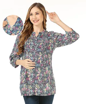 Bella Mama Viscose Woven Three Fourth Sleeves Maternity Top with Pocket & Floral Print - Multicolour