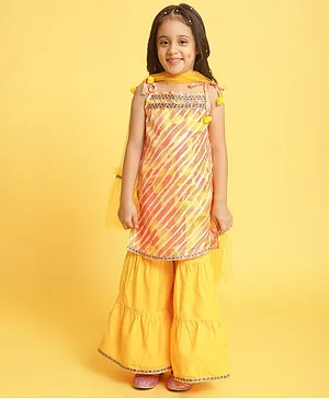 Nauti Nati Sleeveless Water Colour Effect  Striped Designed &   Gotta Patti Embellished Kurta  Sharara With  Dupatta - Yellow