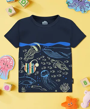 Nauti Nati Half Sleeves Underwater Aquatic Life Theme Fish & Octopus Printed Tee - Navy Blue