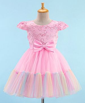 Mark & Mia Cap Sleeves Frock Embroidered with Bow Applique - Pink