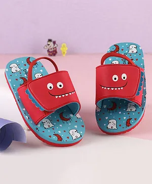Babyoye Slip On Flip Flops with Velcro Closure & Backstrap Dino Print - Blue & Red