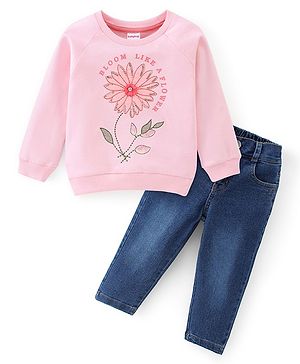Babyhug Cotton Knit Full Sleeves Floral Print T-Shirt & Jeans Set - Pink & Navy Blue
