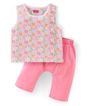 Babyhug Cotton Woven Sleeveless Vest & Pajama Set Floral Print - Pink