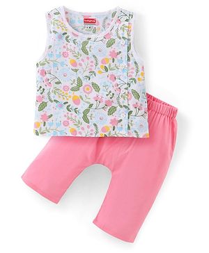 Babyhug Cotton Woven Sleeveless Vest & Pajama Set Floral Print - Pink