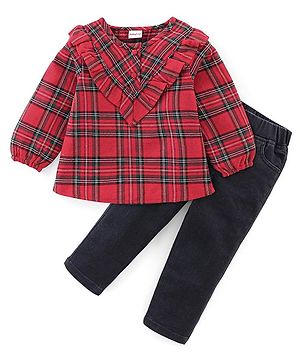 Babyhug 100% Cotton Woven Full Sleeves Checkered Top And Legging Set - Red & Black