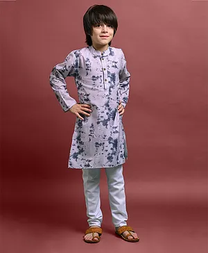 VESHAM Full Sleeves Muslin Colour Splashed Kurta & Pyjama Set - Grey