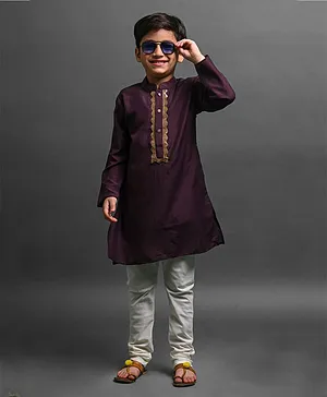 VESHAMFull Sleeves Lace Embellished Muslin Kurta With Pyjama - Purple