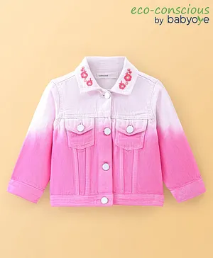 Babyoye 100% Cotton Eco Conscious Full Sleeves Gradient Denim Jacket with Floral Embroidery - Pink