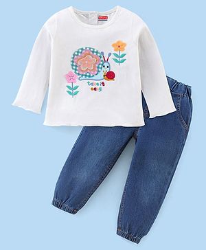 Babyhug Cotton Knit Full Sleeves Top & Denim Jeggings Set Floral Embroidery - White & Medium Blue