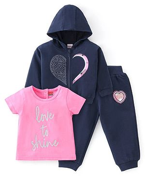 Babyhug 100% Cotton Terry Knit Half Sleeves Top & Leggings Set with Hoodie Heart & Text Print - Pink & Navy Blue