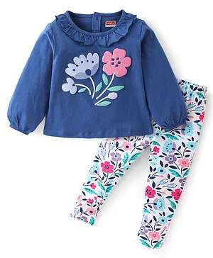 Babyhug 100% Cotton Knit Full Sleeves Top & Lounge Pant Set Floral Print - White & Navy Blue