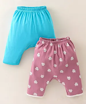 Ben Benny Cotton Knit Full Length Diaper Legging Solid Color & Kitty Print Pack Of 2 - Pink & Blue