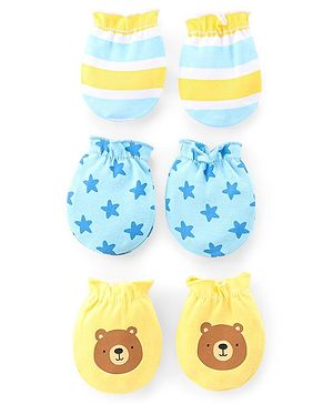 Babyhug 100% Cotton Knit Mittens Star & Bear Print Pack of 3- Blue & Yellow