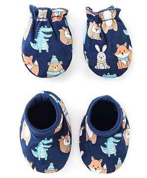 Babyhug 100% Cotton Interlock Knit Mittens And Booties Dino Print - Navy Blue